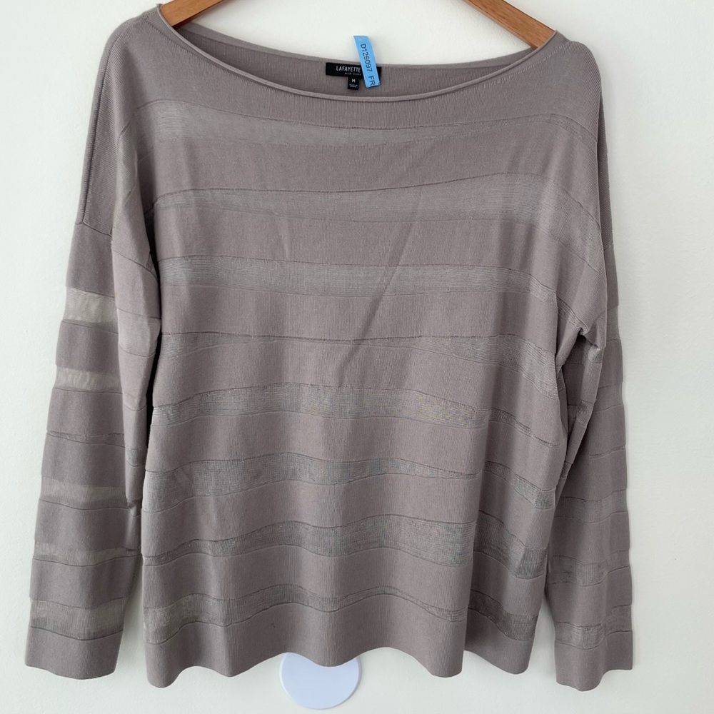 Lafayette 148 New York Taupe Brown Sheer Band Long Sleeve Blouse M Medium